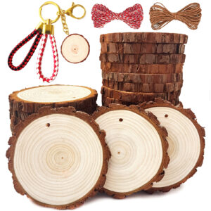 SENMUT Wood Slices 30 Pcs 3.1-3.6inch Natural Rounds Unfinished Wooden Circles Christmas Wood Ornaments for Crafts Wood Kit Predrilled with Hole Wood Coasters, Craft Supplies for DIY and Painting